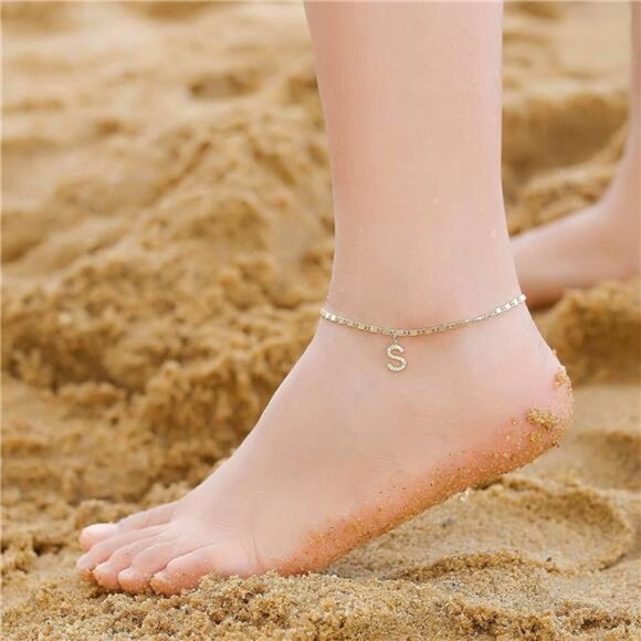 Ankle Bracelets for Women,14K GoldPlated Dainty Layered Chain CZ Initial Anklets - Picture 5 of 7